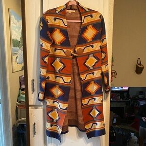 Geometric Patterned Open Front Sweater - Orange and Blue